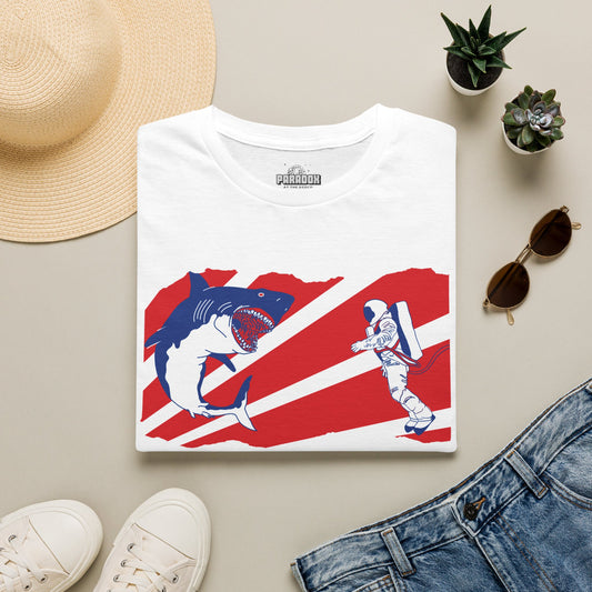 Astronaut vs Shark Graphic T-Shirt — Retro Red Stripe Space Dive Tee