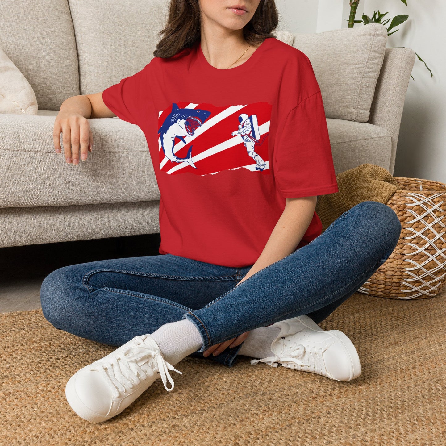 Astronaut vs Shark Graphic T-Shirt — Retro Red Stripe Space Dive Tee