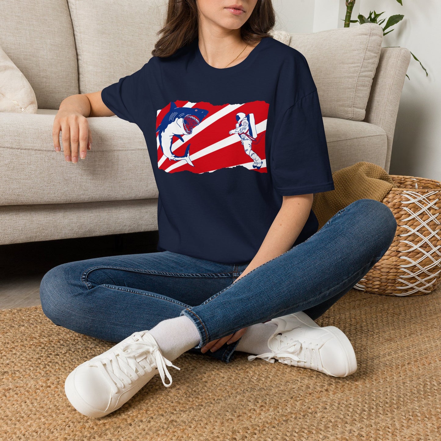 Astronaut vs Shark Graphic T-Shirt — Retro Red Stripe Space Dive Tee