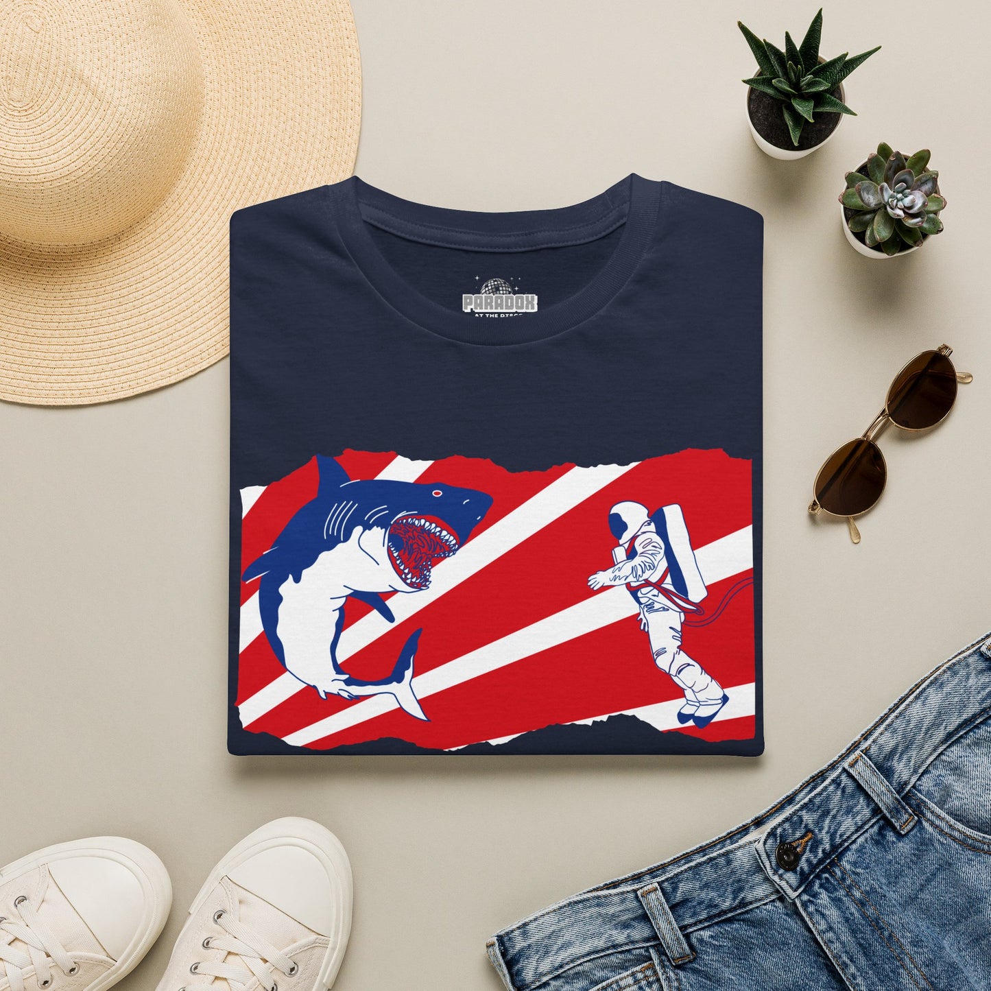 Astronaut vs Shark Graphic T-Shirt — Retro Red Stripe Space Dive Tee