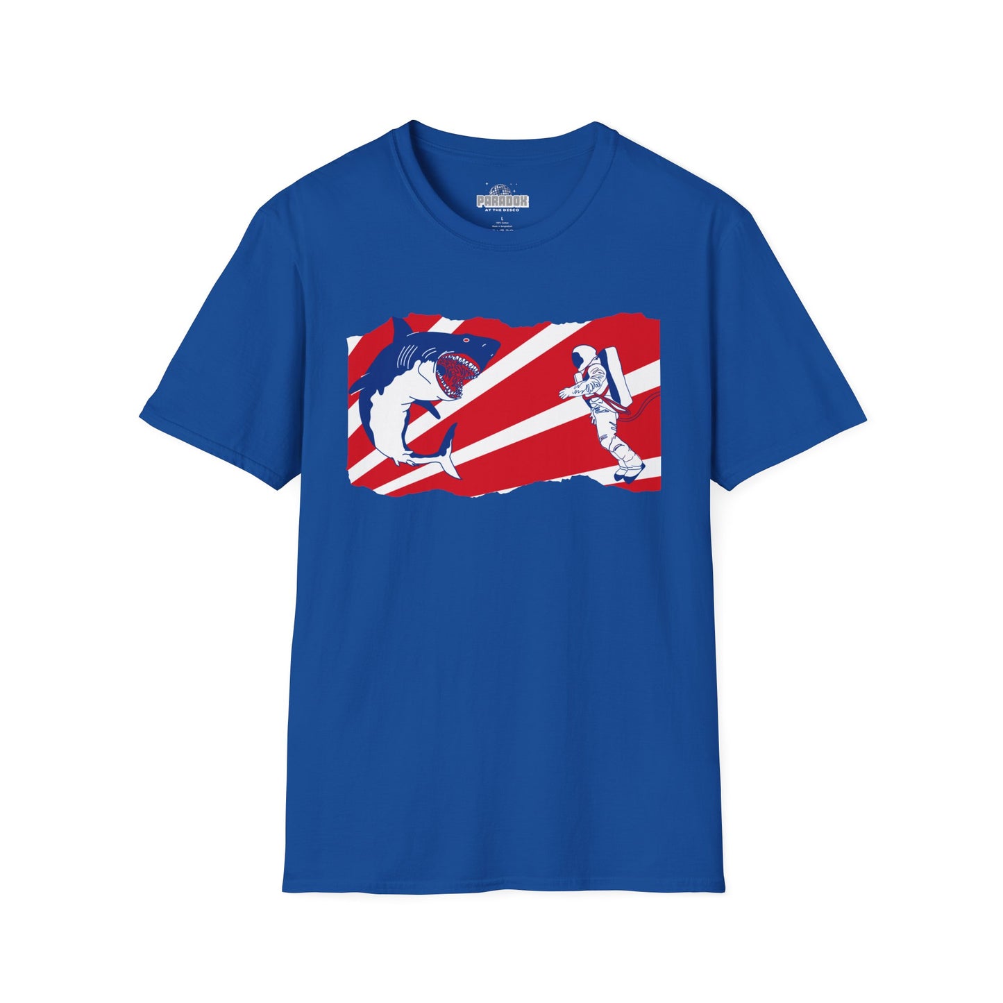 Astronaut vs Shark Graphic T-Shirt — Retro Red Stripe Space Dive Tee