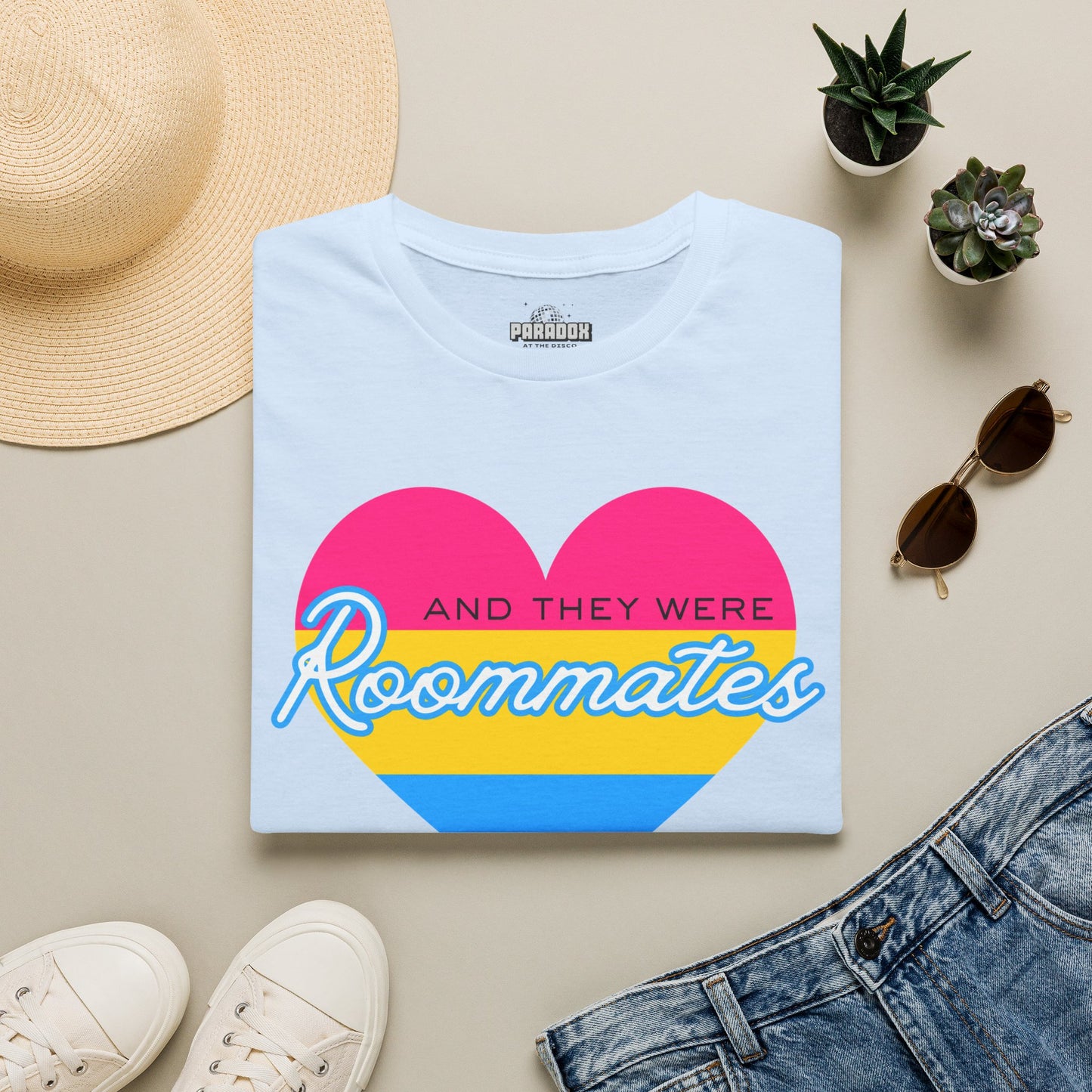 Pansexual "And They Were Roommates" Pride Heart Graphic Tee