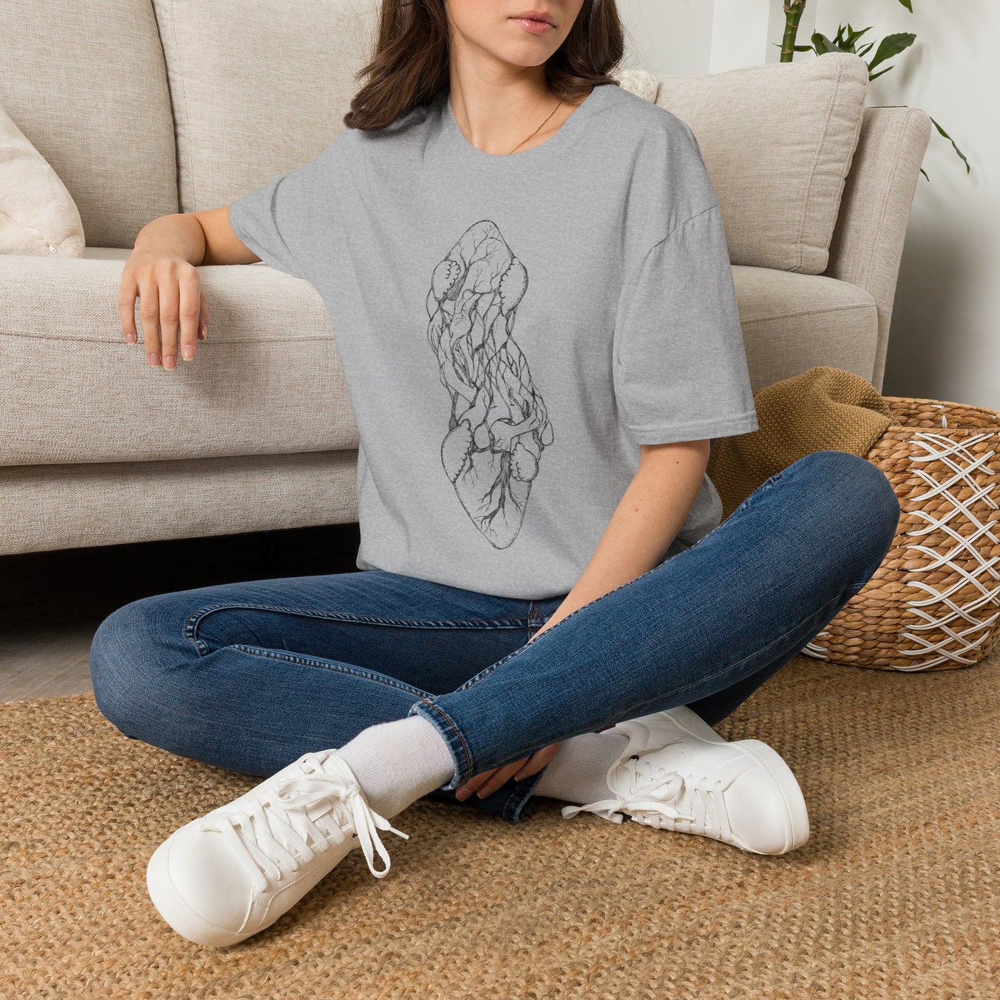 Intertwined Anatomical Hearts Line Art Graphic T-Shirt