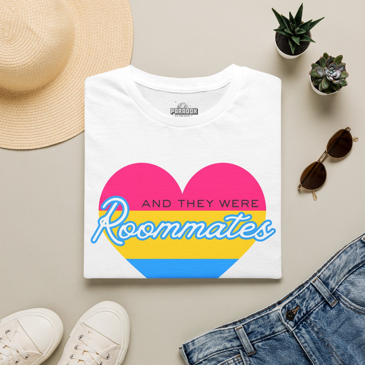 Pansexual "And They Were Roommates" Pride Heart Graphic Tee