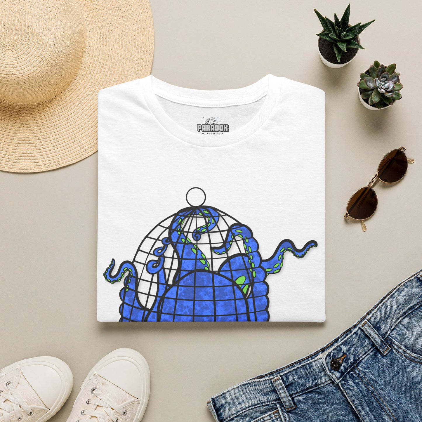 Octopus in Cage T-Shirt — Blue Nautical Sea Creature Graphic Tee