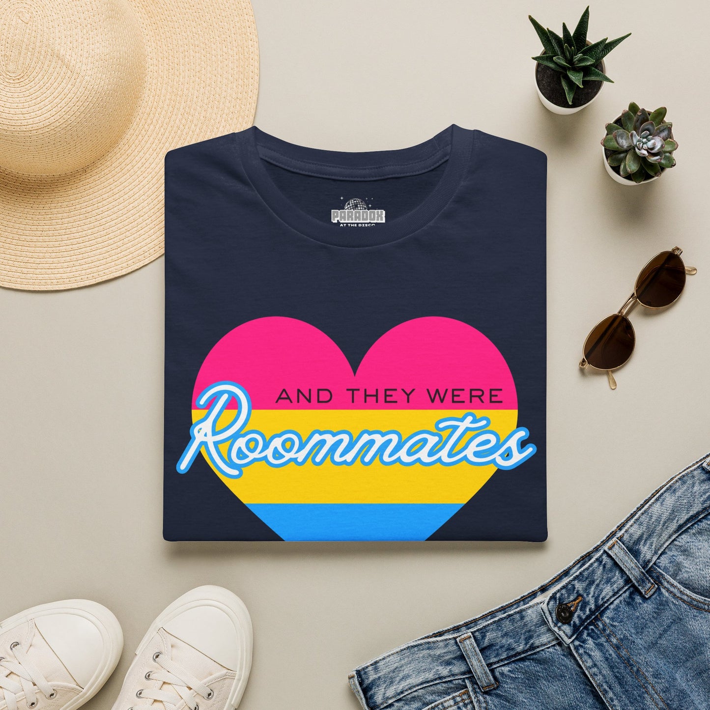 Pansexual "And They Were Roommates" Pride Heart Graphic Tee