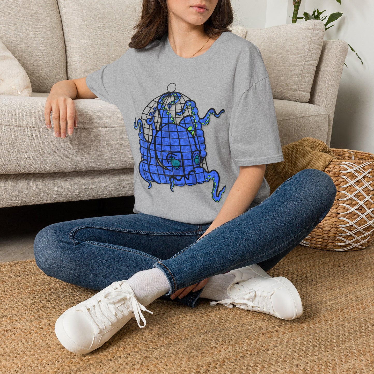 Octopus in Cage T-Shirt — Blue Nautical Sea Creature Graphic Tee