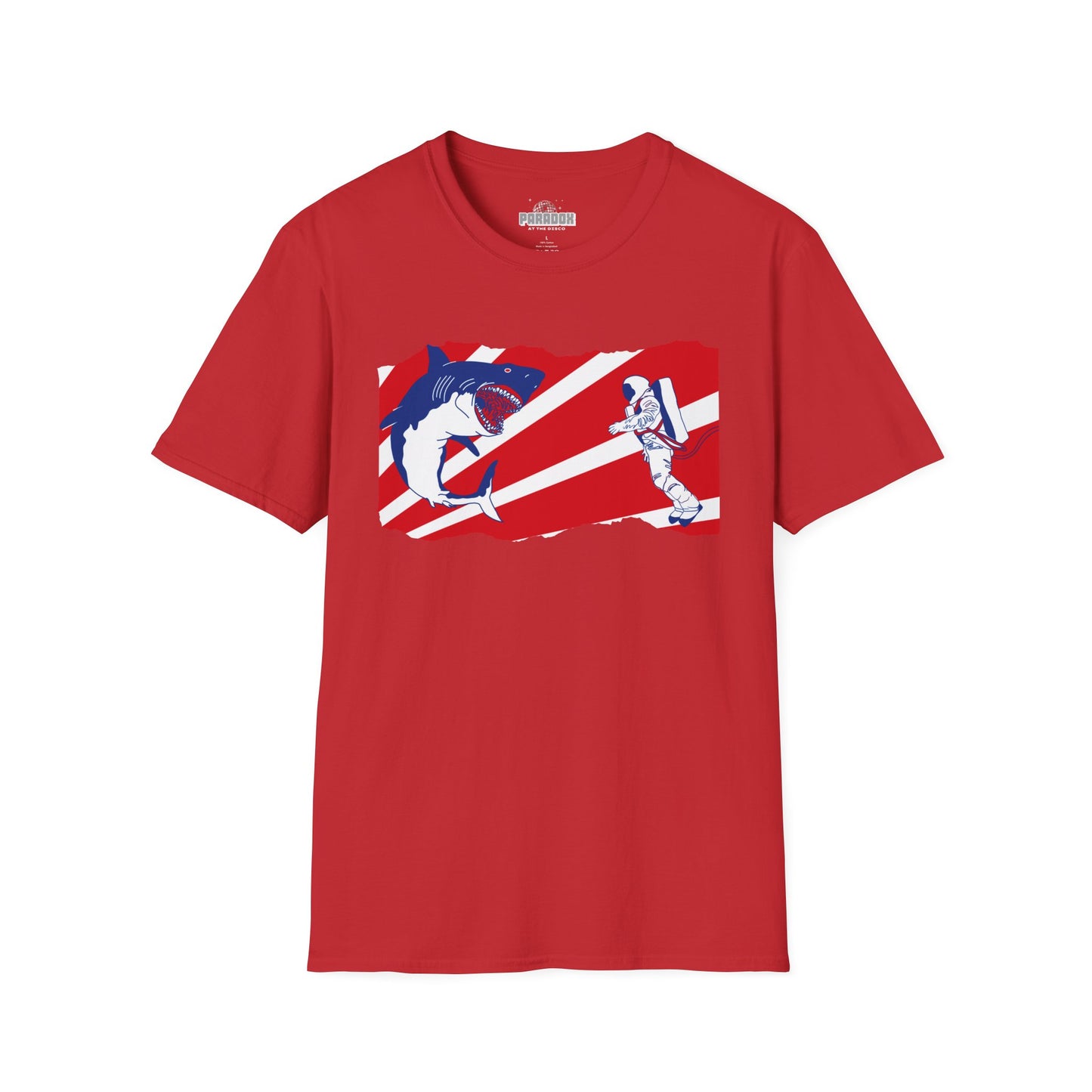 Astronaut vs Shark Graphic T-Shirt — Retro Red Stripe Space Dive Tee