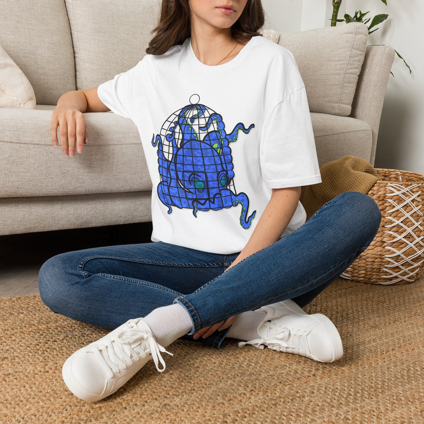 Octopus in Cage T-Shirt — Blue Nautical Sea Creature Graphic Tee