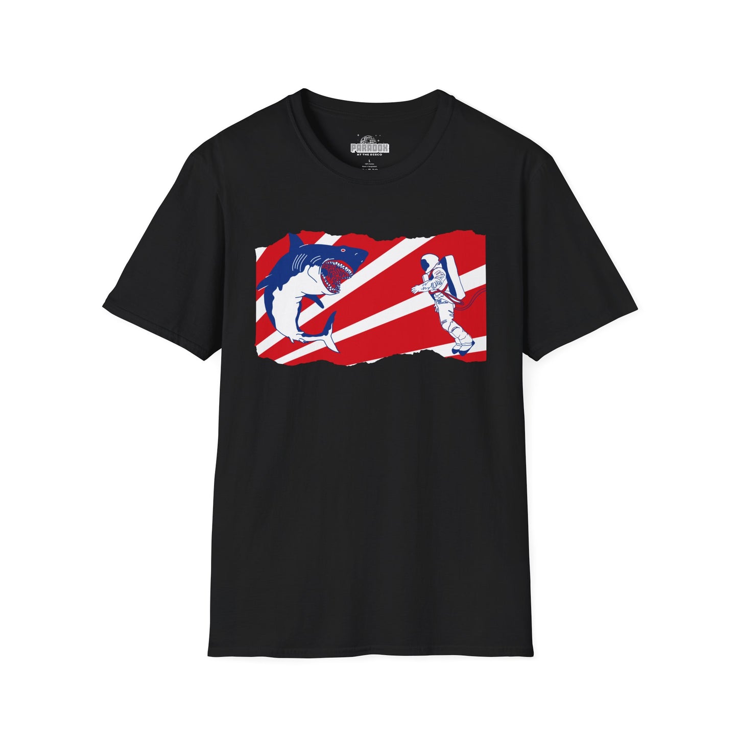 Astronaut vs Shark Graphic T-Shirt — Retro Red Stripe Space Dive Tee