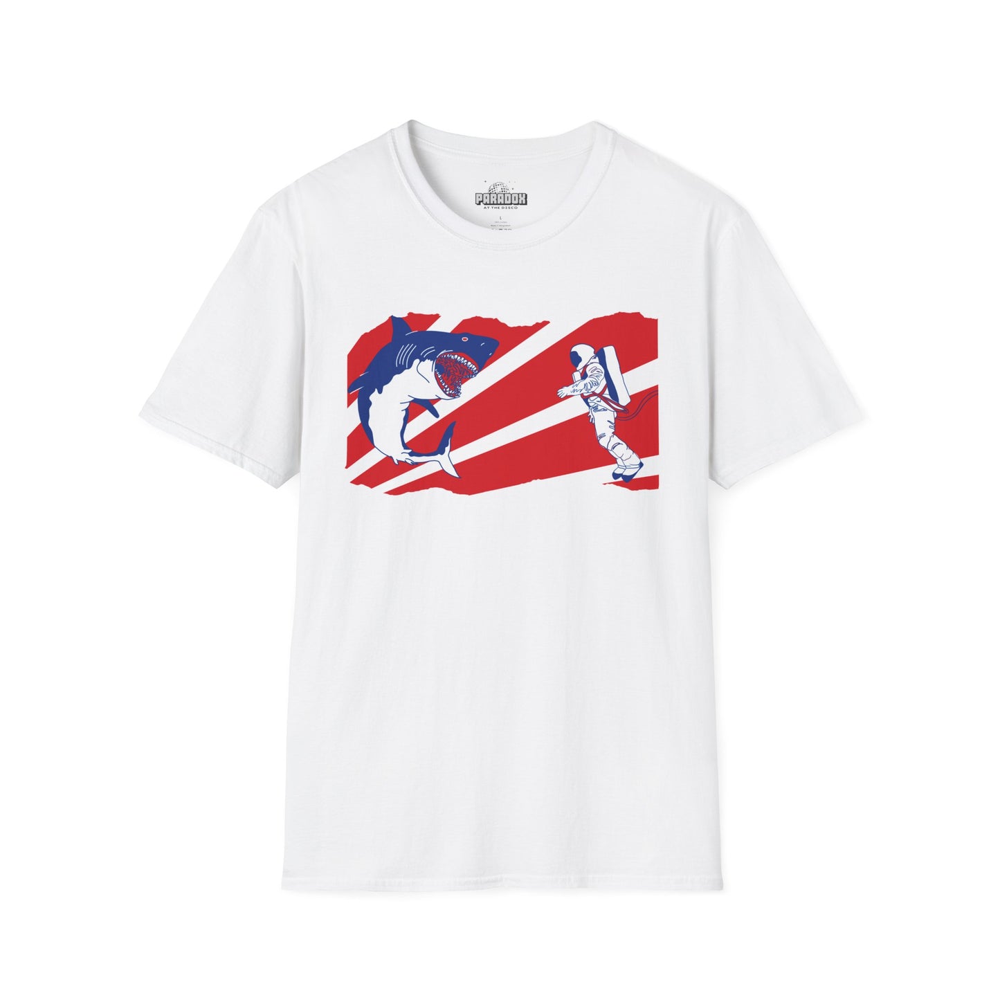 Astronaut vs Shark Graphic T-Shirt — Retro Red Stripe Space Dive Tee